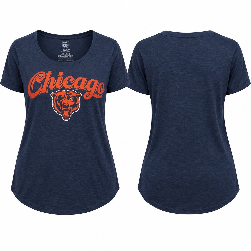 Chicago Bears Women’s 2XL Navy T-Shirt NFL Team Apparel Script Bear Logo NWT